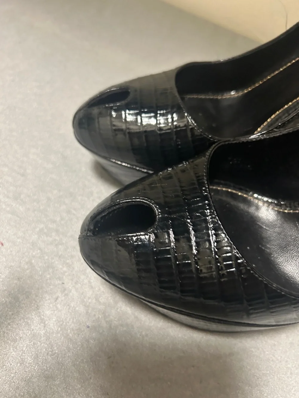 Sergio Rossi Black Patent Croc-Embossed Peep-Toe Heels